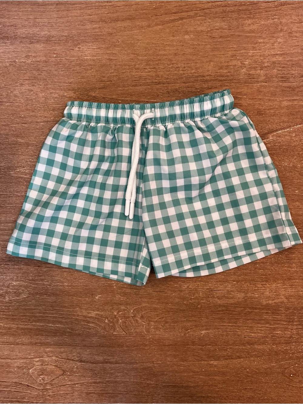 Classic Whimsy Green and White Gingham Swim Shorts with Drawstring Waist